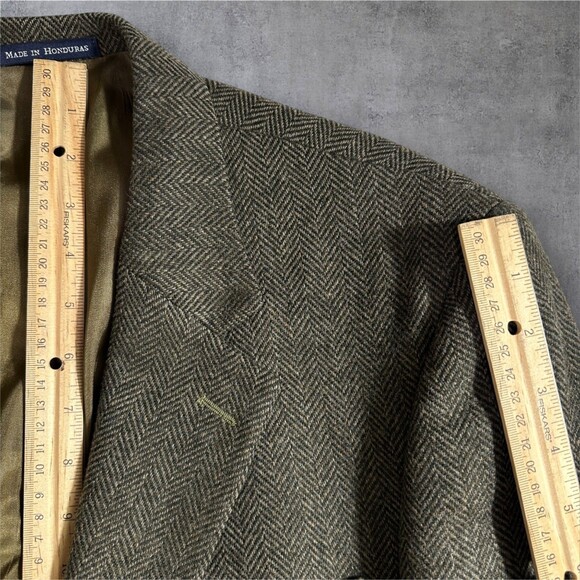 Vintage LANDS END TWEED WOOL Mens Blazer 40L Sport Coat Jacket Green Herringbone - Picture 9 of 14